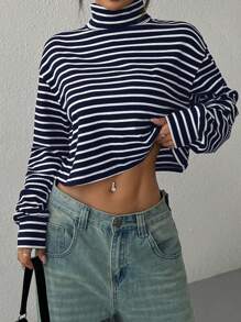 SHEIN EZwear Navy Blue & White Striped Knitted Turtleneck Top For Women