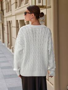 EURMUSE Luźny, dzianinowy sweter midi z okrągłym dekoltem dla kobiet - Biały - Zobacz 2