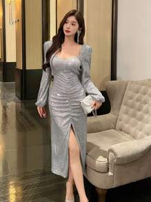 DAZY Women Square Neckline Sequin Side Slit Long Sleeve Midi Dress, Birthday ,New Year Eve Prom Dress