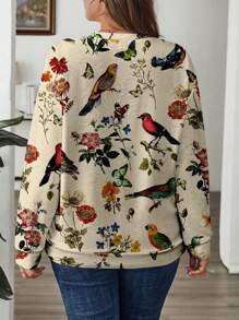 SHEIN LUNE Sudadera holgada con estampado vintage de pintura floral y pájaros para mujer de talla grande