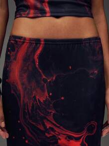 SHEIN Unity Black & Red Ink Painting Style High Waist A-Line Maxi Skirt With Back Slit - Multicolor - View 5