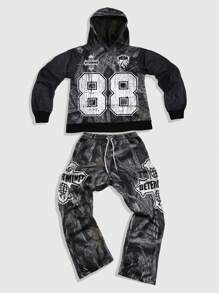 ROMWE MEN Street Life Men's Branch & Number Printed Hoodie Sweatshirt And Relaxed Fit Pants Suit Tracksuit - Multicolor - View 1