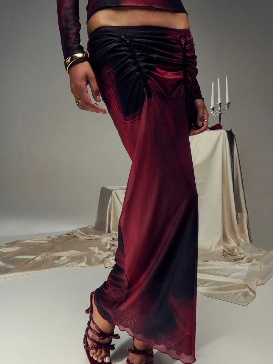 SHEIN Unity Abstract Print Double Layered Mesh Braided Detail Skirt - Multicolor - View 1