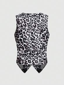 SHEIN Unity Women Asymmetric Hem Front Button Faux Pocket Sleeveless Leopard Jacket - Grey - View 2