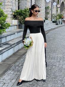 Chiquease Women's Color Block Pleated Off Shoulder Long Sleeve Jumpsuit