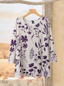 EMERY ROSE Große Größen Damen Blumen Muster Rundhals Locker Sitzende Langarm T-Shirt
