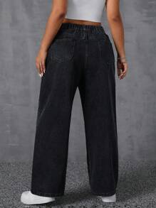 SHEIN ICON Quần Jeans Ống Rộng Đính Đá Rhinestone Size Lớn Cho Nữ - màu đen - Xem 2