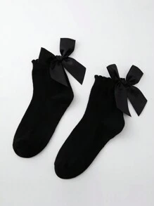 ROMWE Kawaii Women's Cute Bow Decor Mid-Calf Socks - Black - View 2