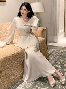 DAZY 2 件套纯色系带衬衫和中长裙套装（女款）