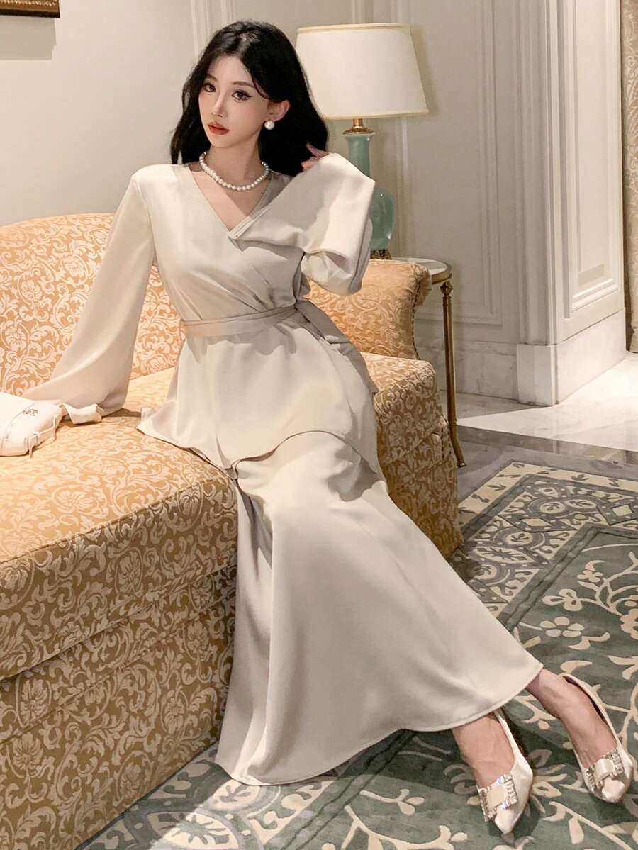 DAZY 2 件套纯色系带衬衫和中长裙套装（女款）