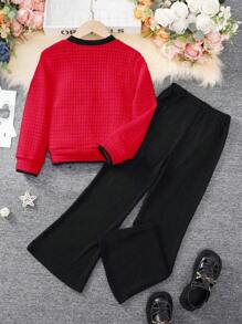 SHEIN 2 件套青少年女孩优雅休闲撞色边饰仿口袋夹克和喇叭裤 - 紅色 - 查看 2