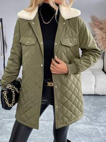 SHEIN LUNE 女士休闲拼色翻领落肩长袖加厚棉服外套，冬季服装 - 軍綠色 - 查看 6