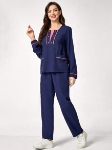 TaskEZ Women's Contrast Color Dual Pocket Long Sleeve Loose Top And Straight Leg Pants Scrub Uniform Set - Navy Blue - View 7