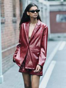 Maija Women's Burgundy Faux Leather Single Breasted Long Sleeve Jacket, Autumn/Winter - Burgundy - View 2