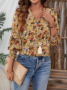 EMERY ROSE 女式休闲花卉印花褶皱袖口衬衫，秋季