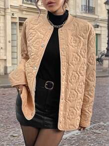 SHEIN Essnce 女款花卉纹理长袖保暖棉服 - 卡其色 - 查看 1