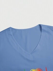 SHEIN TaskFit Áo sơ mi cổ chữ V tay ngắn in hình trái tim đơn giản - Màu xanh nhạt - Xem 3