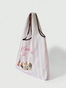 ROMWE Kawaii 2 件/套卡通兔子大容量可折叠手提袋带零钱包，可重复使用购物袋 - 粉色 - 查看 3