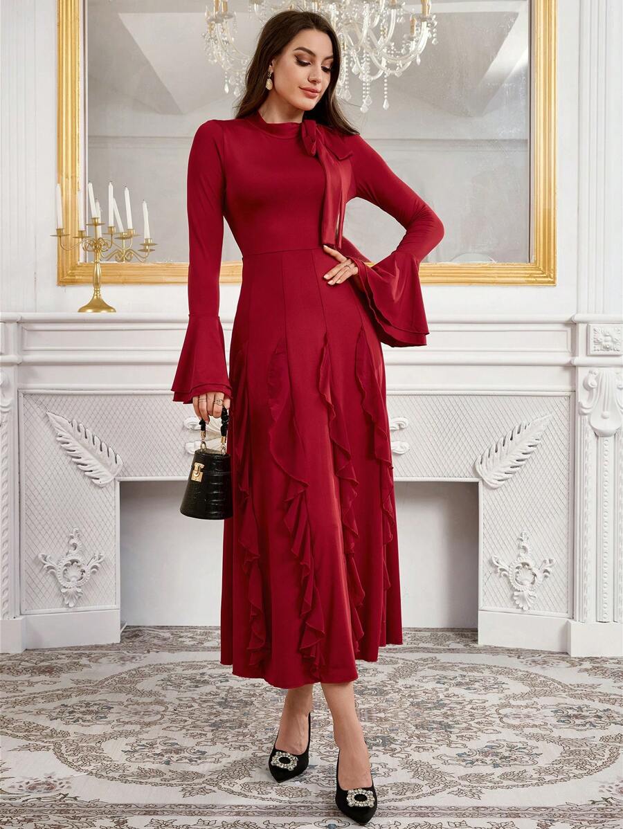 Modelyn Vestido largo de noche elegante con cuello de lazo, mangas largas acampanadas, dobladillo con volantes y cintura ajustada en línea A - Rojo - Ver 1