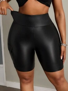 Slaydiva 加休闲街头工作服立体口袋宽腰修身长裤骑行裤针织女士短裤弹力皮革 - 黑色 - 查看 4