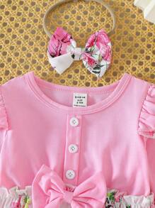 Toddler Girls Ribbed Long Sleeve Floral Print A-Line Dress, European & American Style Spring/Autumn - Pink - View 3