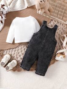 SHEIN Conjunto de bebé recién nacido de manga larga informal sólido y pelele vaquero con decoración de oso, otoño