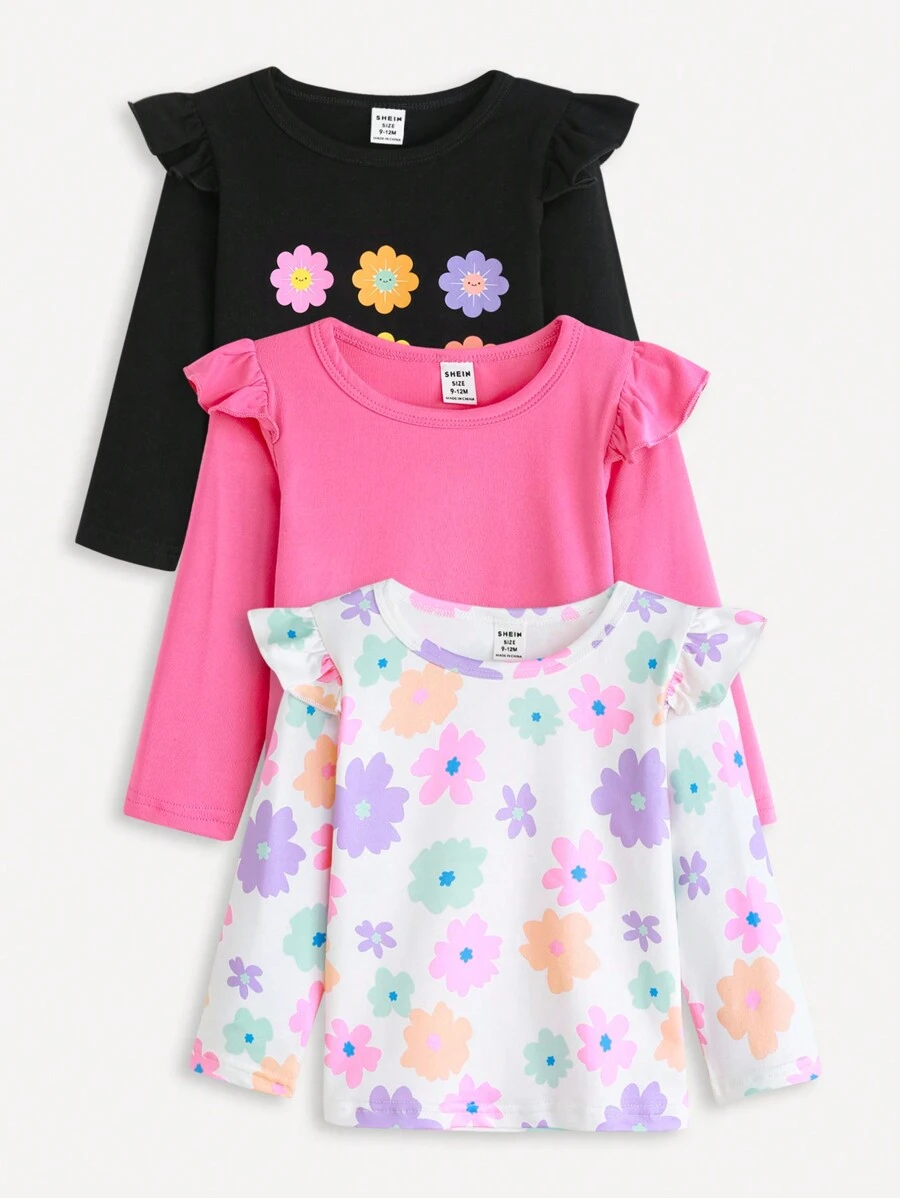 SHEIN 3pcs/Set Baby Girls Casual Cute Floral Print Long Sleeve Tops, Soft Knitted Fabric, Suitable For Outdoor & Leisure Wear, Autumn & Winter - Multicolor - View 1