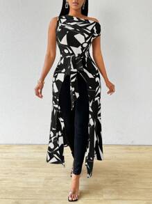 Zolique 不对称几何印花不对称领口单短袖高腰系带前不对称高低开叉长款女式衬衫单肩上衣