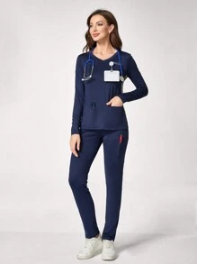 TaskEZ Solid Color V-Neck Long Sleeve Pocket Simple Blouse And Pants Uniform Scrub Set - Navy Blue - View 6