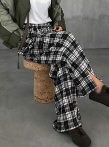 FRIFUL Women's Plaid Elastic Waist Casual Pants, Daily Wear - Black and White - View 4