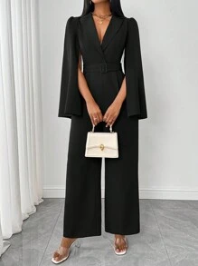 Rafferiza 女式秋冬纯色 V 领收腰开衩长袖连体裤 - 黑色 - 查看 1