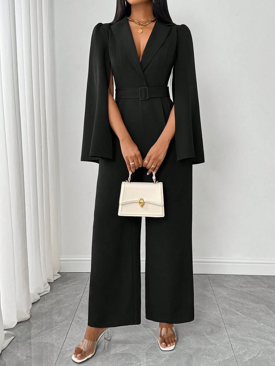 Rafferiza 女式秋冬纯色 V 领收腰开衩长袖连体裤 - 黑色 - 查看 1