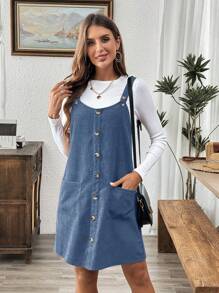 EMERY ROSE Brown Corduroy Pinafore Dress With Pockets For Women - Blue - View 6