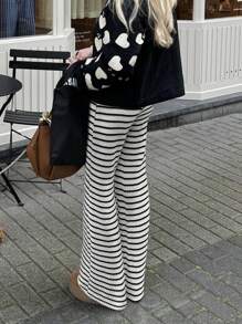 INAWLY 女士条纹直筒宽松休闲裤 - 黑與白 - 查看 2