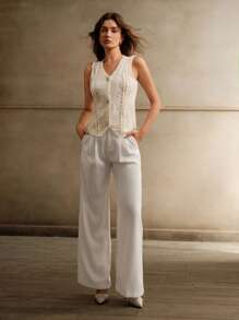 Anewsta Elegante camiseta de tirantes de encaje a rayas beige, versátil y cómoda para mujer - Beis - Ver 5