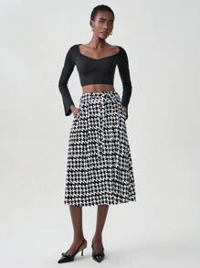 SHEIN Unity Vintage Autumn Daily Wear Fold Pleated Houndstooth Print A-Line Skirt - Black - View 6