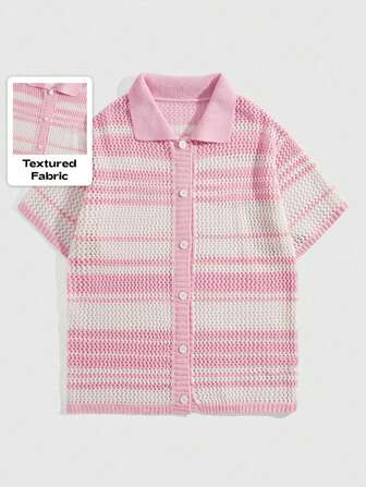 Street Life Men's Striped Knit Top With Front Buttons, Holiday Casual Wear, School