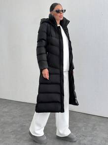 SHEIN Cottnline Manteau matelassé long avec capuche pour femmes, avec fermeture à glissière et poches détaillées - Noir - Voir 4