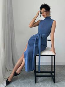 Elenzga 女式休闲高领无袖毛衣连衣裙，前部带结和开衩，秋季 - 藍色 - 查看 1