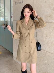 DAZY Solid Color Double-Breasted Elegant Long Sleeve Mini Dress For Women,Fall Clothes - Apricot - View 7