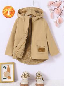 年轻女孩休闲连帽拉链口袋长袖保暖内衬夹克，适合户外、秋冬季保暖防风 - 卡其色 - 查看 3