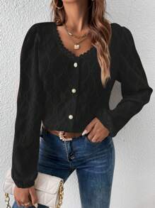 SHEIN Frenchy Solid Color V-Neck Button Front Lace Patchwork Long Sleeve Blouse,Long Sleeve Tops