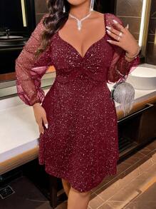 大码优雅银箔扭纹宝石领连衣裙，秋季，感恩节 - 酒紅色 - 查看 4