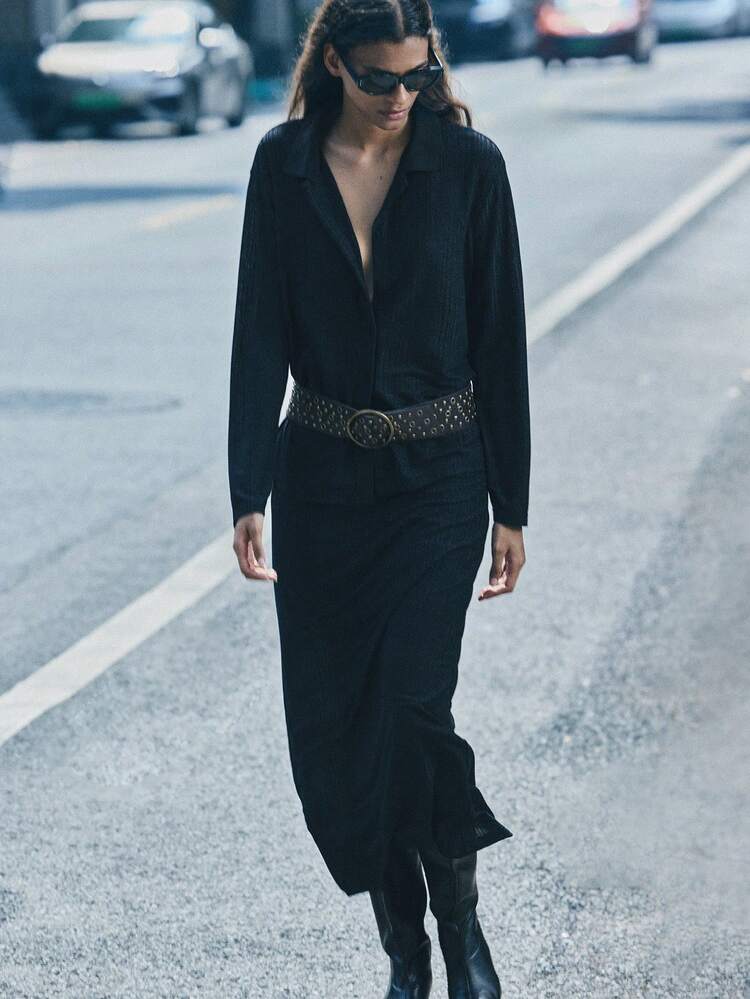 SHEIN Maija 2pcs Women's Casual Black Solid Long Sleeve Single-Breasted Shirt And Long Midi Skirt Set, Autumn