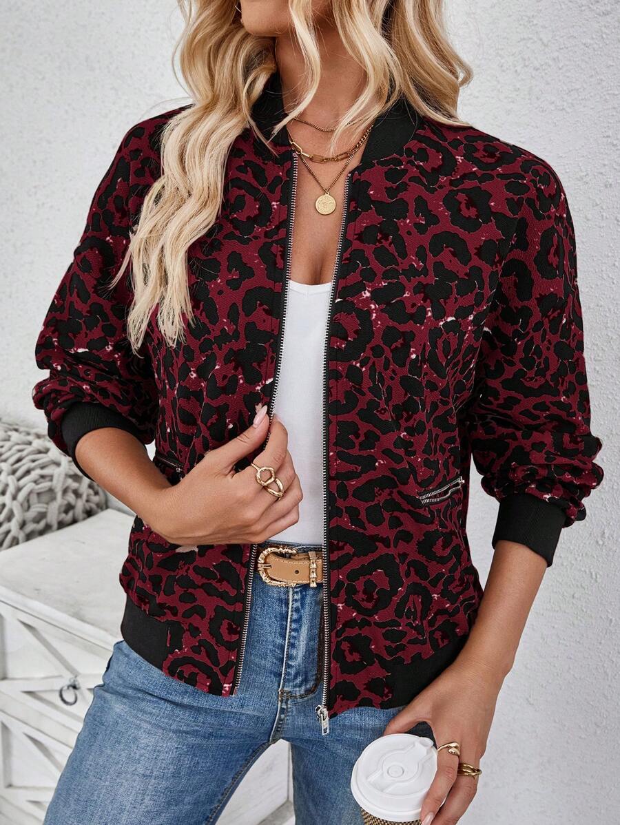 SHEIN LUNE Áo khoác bóng chày họa tiết da báo dành cho nữ cho ngày trở lại trường/ngày thể thao, mùa thu đông - Màu Đỏ Sâu - Xem 1
