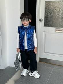 Kleine Jungen blauer Kragen mit lächelndem Gesicht, geprägtem Reißverschluss, kurze Weste, gepolsterter Mantel, geeignet für tägliche Lässig und Sportanlässe, Winter