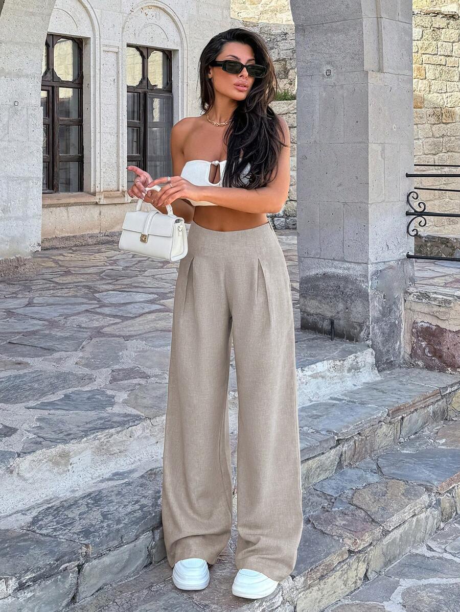 EURMUSE Pantaloni lenți cu pliuri în pliuri, bej, pentru femei