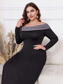 Modelyn Plus Size Spring & Autumn Elegant Color Blocking Off-Shoulder Long Dress, Elegant Fitted Maxi Length Dresses, For Casual Daily/At Home/Outdoor Lounging Around - Black - View 5