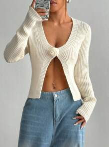 Flirla Versatile 3D Flower Applique Long Sleeve Cardigan Fall Cloth For Women - Apricot - View 1