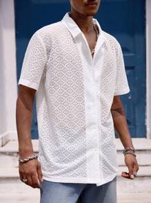 Manfinity Dauomo Men's Solid Color Hollow-Out Short Sleeve Loose Casual Shirt, Summer - Beige - View 3